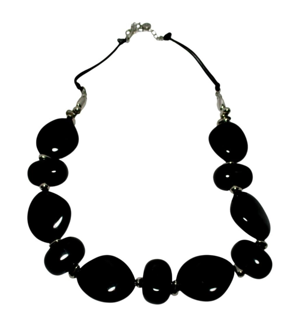 C1946 Cato Chunky Black Stone With Silver Bead Necklace 18"